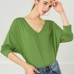 Women Allegra K V Neck Batwing Dolman Loose Casual Top