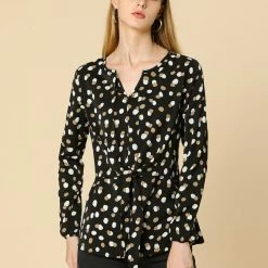 Allegra K Contrast Dots Print Split Neck Long Sleeve Tie Waist Tops