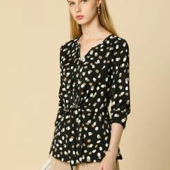 Allegra K Contrast Dots Print Split Neck Long Sleeve Tie Waist Tops