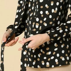 Allegra K Contrast Dots Print Split Neck Long Sleeve Tie Waist Tops