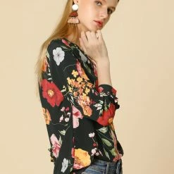 Women Allegra K Stand Collar V Neck Long Sleeve Blouse In Floral Print 11 Women Allegra K Stand Collar V Neck Long Sleeve Blouse In Floral Print
