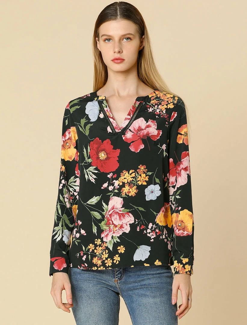 Women Allegra K Stand Collar V Neck Long Sleeve Blouse In Floral Print 7 Women Allegra K Stand Collar V Neck Long Sleeve Blouse In Floral Print