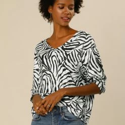 Women Allegra K Animal Zebra Print V Neck Dolman Sleeves Loose Blouse Top