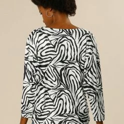 Women Allegra K Animal Zebra Print V Neck Dolman Sleeves Loose Blouse Top
