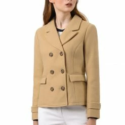 Allegra K Women's Notched Lapel Double Breasted Pea Coat