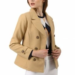 Allegra K Women's Notched Lapel Double Breasted Pea Coat
