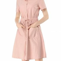 Allegra K Button Up Elastic Waist Dress With Pocket