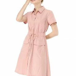 Allegra K Button Up Elastic Waist Dress With Pocket