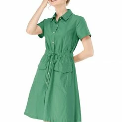 Allegra K Button Up Elastic Waist Dress With Pocket