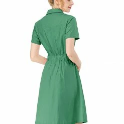 Allegra K Button Up Elastic Waist Dress With Pocket