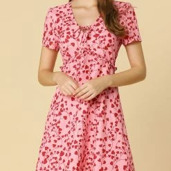 Allegra K Floral Bow Tie V Neck Shorts Sleeves Ruffle Dress Women