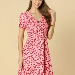 Allegra K Floral Bow Tie V Neck Shorts Sleeves Ruffle Dress Women
