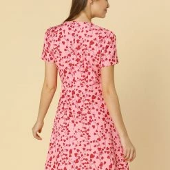 Allegra K Floral Bow Tie V Neck Shorts Sleeves Ruffle Dress Women