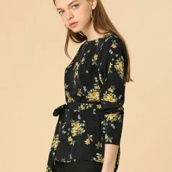 Allegra K Floral Waist Belt Round Neck Top