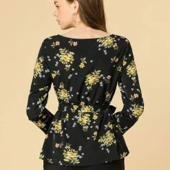 Allegra K Floral Waist Belt Round Neck Top