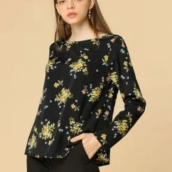 Allegra K Floral Waist Belt Round Neck Top