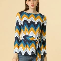 Allegra K Crew Neck Casual Knit Top With Belt In Zigzag Pattern