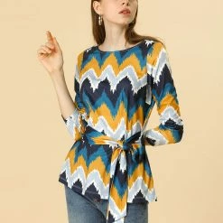 Allegra K Crew Neck Casual Knit Top With Belt In Zigzag Pattern
