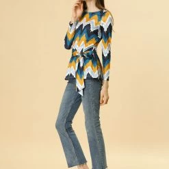 Allegra K Crew Neck Casual Knit Top With Belt In Zigzag Pattern