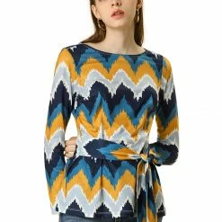 Allegra K Crew Neck Casual Knit Top With Belt In Zigzag Pattern