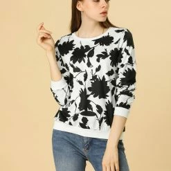 Allegra K Women Floral Casual Sweatshirt Crew Neck Long Sleeve Print Top