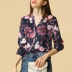 Allegra K Button Down Stand Collar V Neck Long Sleeve Floral Blouse Women 95 Allegra K Button Down Stand Collar V Neck Long Sleeve Floral Blouse Women