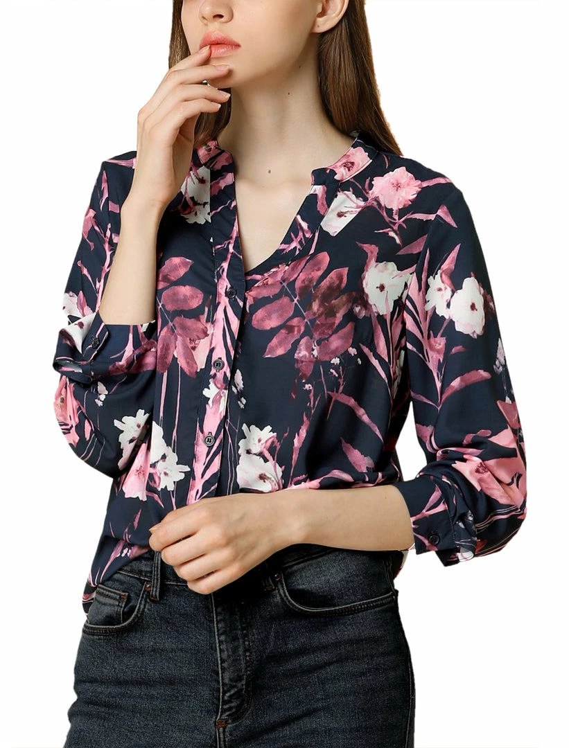 Allegra K Button Down Stand Collar V Neck Long Sleeve Floral Blouse Women 46 Allegra K Button Down Stand Collar V Neck Long Sleeve Floral Blouse Women
