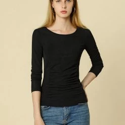 Women Allegra K Ruched Stretchy Blouse Crew Neck Slim Fit Basic Tops