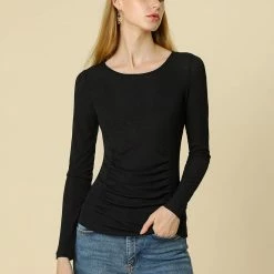Women Allegra K Ruched Stretchy Blouse Crew Neck Slim Fit Basic Tops