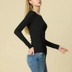 Women Allegra K Ruched Stretchy Blouse Crew Neck Slim Fit Basic Tops