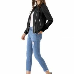 Women Allegra K Stand Collar Lightweight Biker Jacket