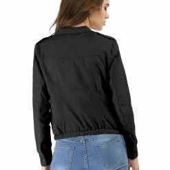 Women Allegra K Stand Collar Lightweight Biker Jacket