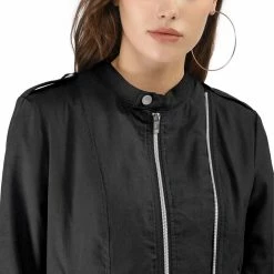 Women Allegra K Stand Collar Lightweight Biker Jacket