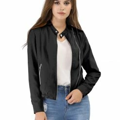 Women Allegra K Stand Collar Lightweight Biker Jacket