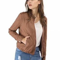 Women Allegra K Stand Collar Lightweight Biker Jacket