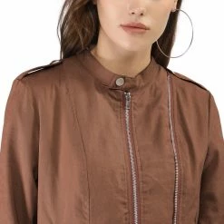 Women Allegra K Stand Collar Lightweight Biker Jacket