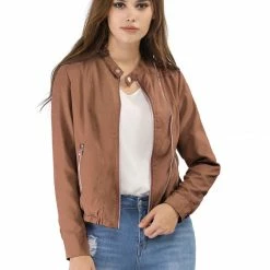 Women Allegra K Stand Collar Lightweight Biker Jacket