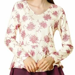 Women Allegra K Floral Print V Neck Mesh Layered Ruffle Hem Peplum Top