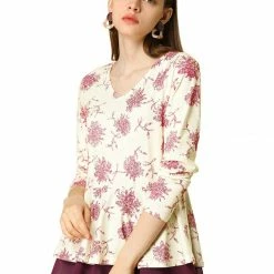 Women Allegra K Floral Print V Neck Mesh Layered Ruffle Hem Peplum Top