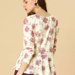 Women Allegra K Floral Print V Neck Mesh Layered Ruffle Hem Peplum Top