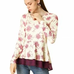 Women Allegra K Floral Print V Neck Mesh Layered Ruffle Hem Peplum Top