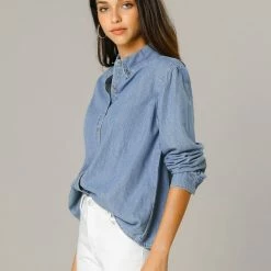 Allegra K Classic Long Sleeve Loose Button Up Denim Shirt Women