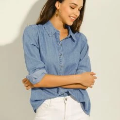 Allegra K Classic Long Sleeve Loose Button Up Denim Shirt Women
