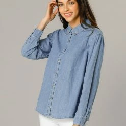 Allegra K Classic Long Sleeve Loose Button Up Denim Shirt Women