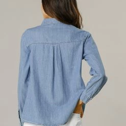 Allegra K Classic Long Sleeve Loose Button Up Denim Shirt Women