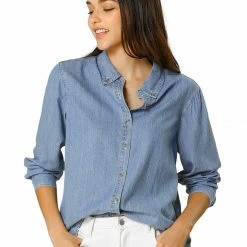 Allegra K Classic Long Sleeve Loose Button Up Denim Shirt Women