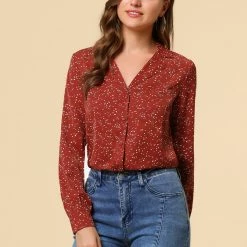 Allegra K Women's Heart Polka Dots Button Up Notched Lapel V Neck Shirt Tops 155 Allegra K Women's Heart Polka Dots Button Up Notched Lapel V Neck Shirt Tops