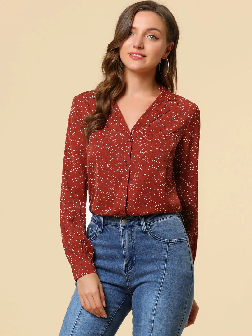 Allegra K Women's Heart Polka Dots Button Up Notched Lapel V Neck Shirt Tops 77 Allegra K Women's Heart Polka Dots Button Up Notched Lapel V Neck Shirt Tops