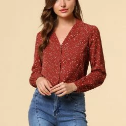 Allegra K Women's Heart Polka Dots Button Up Notched Lapel V Neck Shirt Tops 156 Allegra K Women's Heart Polka Dots Button Up Notched Lapel V Neck Shirt Tops