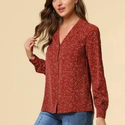 Allegra K Women's Heart Polka Dots Button Up Notched Lapel V Neck Shirt Tops 157 Allegra K Women's Heart Polka Dots Button Up Notched Lapel V Neck Shirt Tops